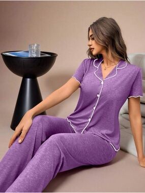 SHEIN Lavender Short-Sleeve Button Pajama Set with White Trim